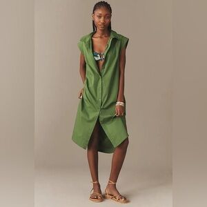 Anthropologie Maeve Lillian Olive Green Sleeveless Button-Down Shirt Dress M
